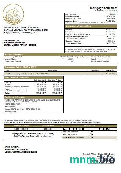 Republika Środkowoafrykańska Bank BEAC wyciąg z kredytu hipotecznego szablon Word i PDF